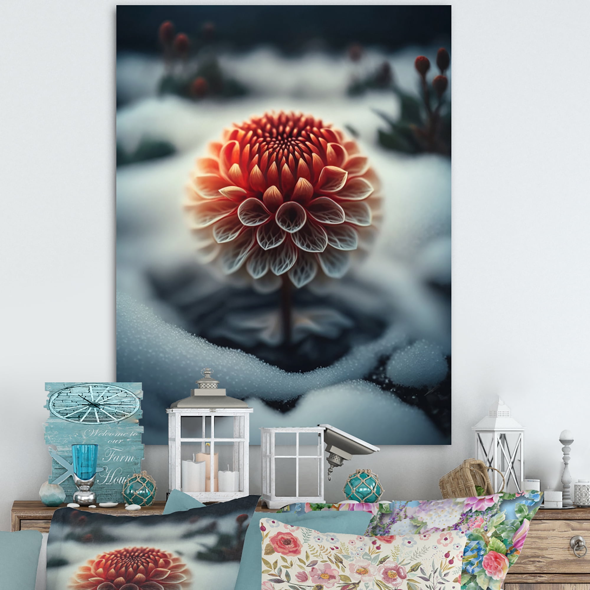 Designart A Blooming Red Dahlia Flower In Winter II Canvas Wall Art