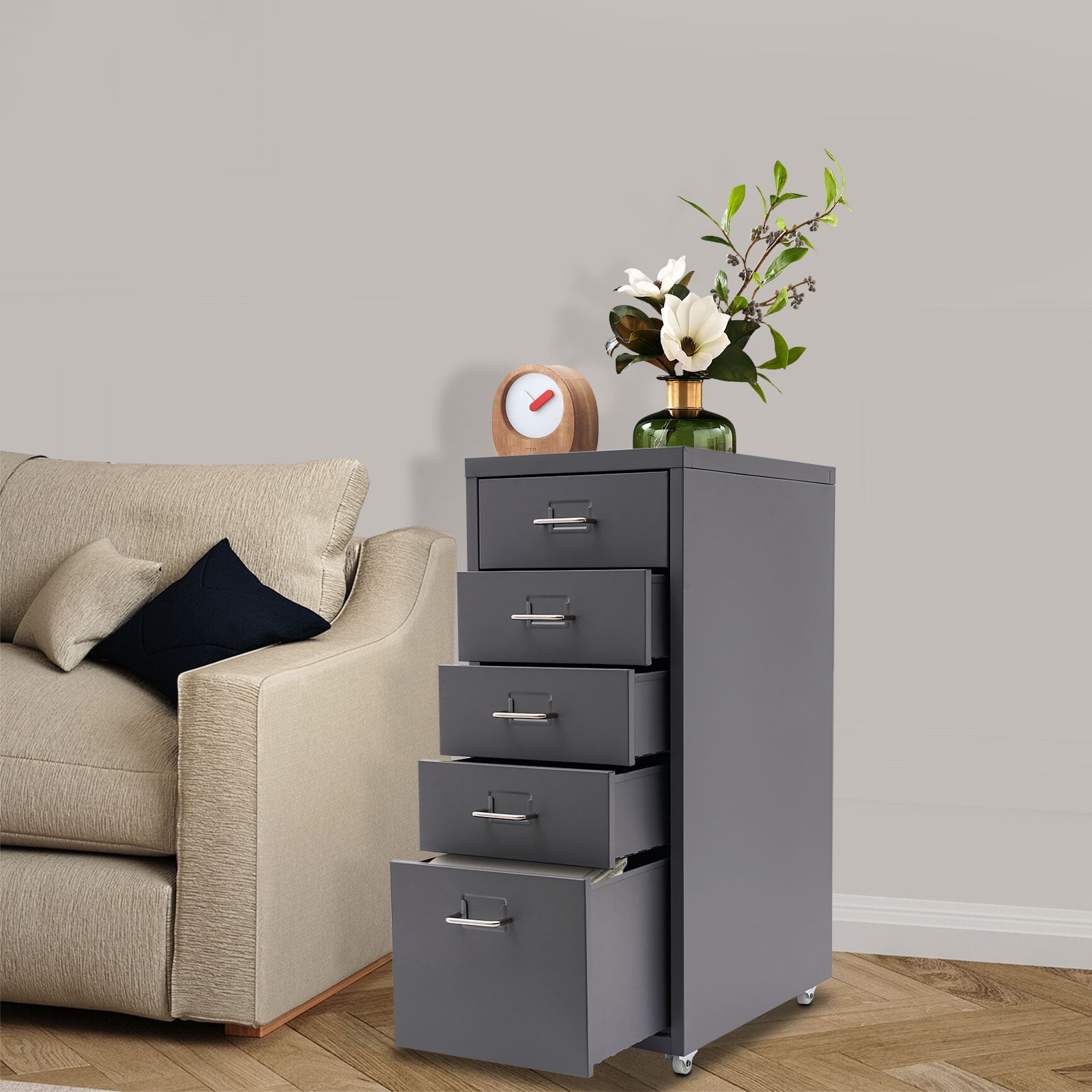 Miumaeov 5-Drawer Metal Storage Cabinet Movable File Cabinet with Wheels for Living Room Office Study  16" D x 11" W x 27" H
