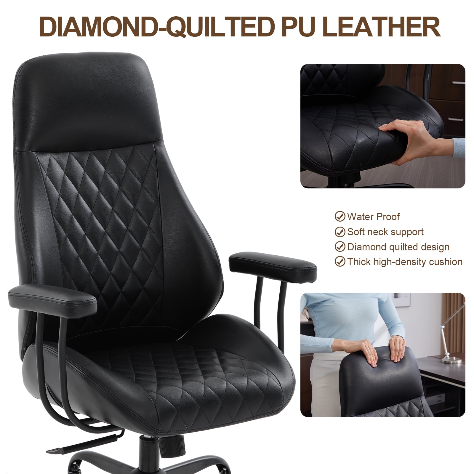 E-Motie Home Office Desk Chair, Ergonomic High Back Leather Computer Chair with Lumbar Support, Adjustable Height & Recline, Swivel Executive Office Chair with Armrests and Rubber Casters, Black