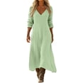 thumbnail image 2 of Women's Summer V Neck Dress Pretty Garden Dresses Women's V-Neck Solid-Color Casual Long-Sleeved Short Dress Mint Green M, 2 of 7