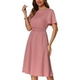 thumbnail image 4 of INSPIRE CHIC Women's Short Cape Sleeve Elastic Waist Round Neck A-Line Casual Pleated Midi Dress XS Pink, 4 of 6