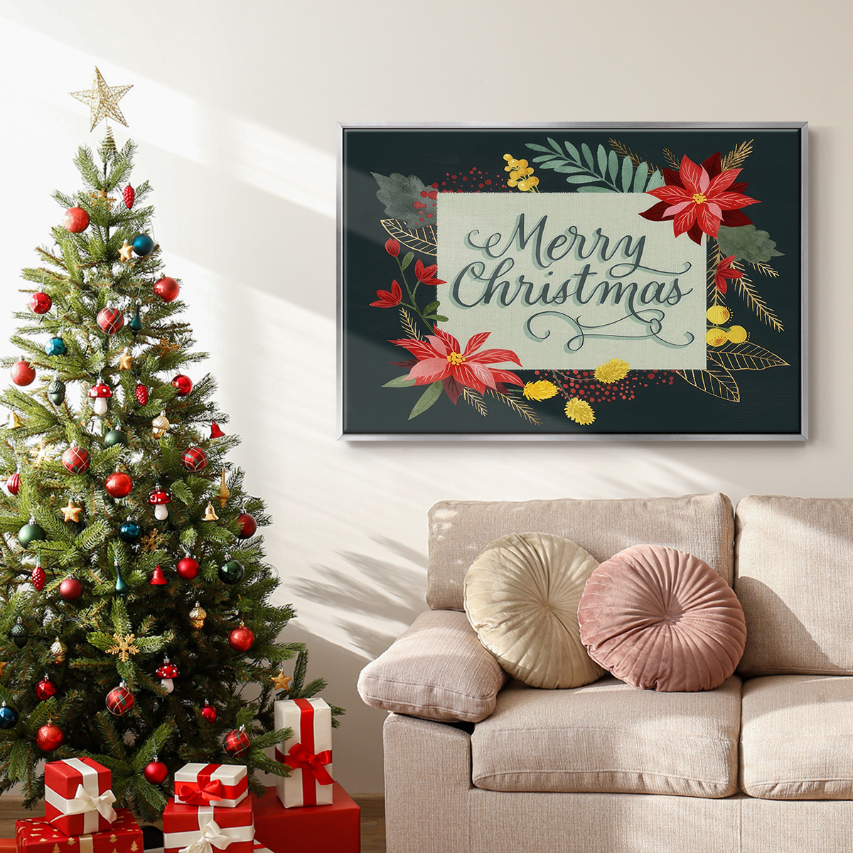 Bright Christmas Night I - Framed Gallery Wrapped Holiday Canvas - 25 x 37 - Silver Frame
