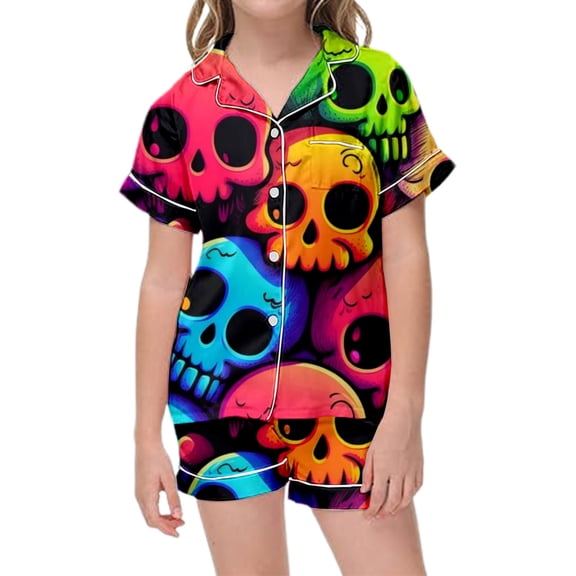 Kids Halloween Pajamas Size 4-5 Years Childrens Homewear Full Print Top with Shorts Soft Loungewear Girls Pjs Multicolour