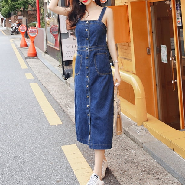 suspender dress denim Sleeveless Women Denim Suspender Dress Korean New Fashion Midi Braces Slit Dress