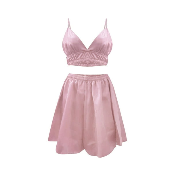 Gibobby Pijama algodón mujer Falda con tirantes sexy para mujer Ropa de casa de manga larga con de seda de piezas(Rosa,CH)