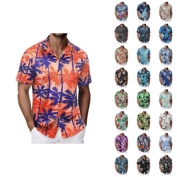 Hawaiian Shirt for Men Summer Short Sleeve Button Up Notch Collar Tropical Print Beach Shirts Vacation Outfits
