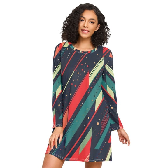 FORMRS Womens Long Sleeve Nightgowns Crew Neck Sleep Shirt Soft Pajamas Sizes S-3XL, Orange Abstract Lines