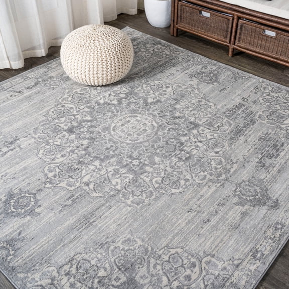 JONATHAN Y MODERN PERSIAN 6' Square Area Rug, Vintage Moroccan Medallion - Light Gray, MDP103B-6SQ