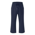 thumbnail image 3 of Domuza Men's Linen Capri Pants Casual Lightweight 3/4 Baggy Pants Drawstring Elastic Waist Beach Yoga Pants with Pockets Navy L, 3 of 4