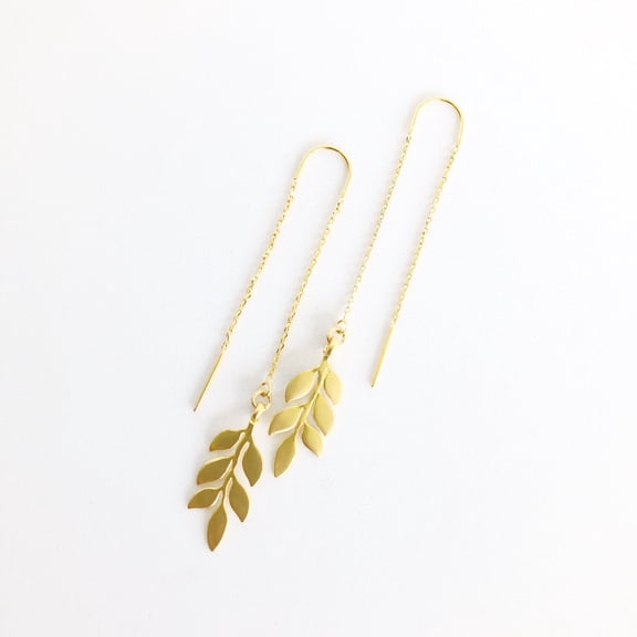 Sanctuary Project by sanctuaire Dainty Olive Branch Threader Drop Earrings Gold