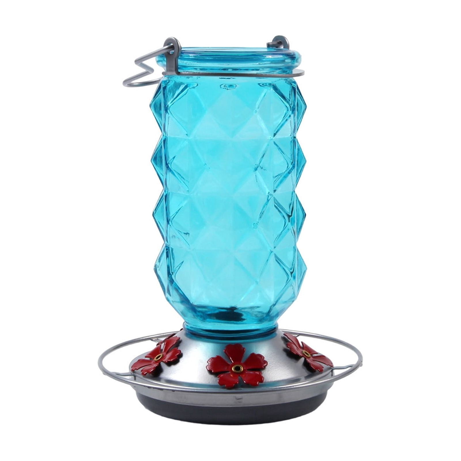 BZPIZ Hummingbird Feeders for Outdoors, Hanging Glass Bowl Hummingbird Feeder with Flower Shaped Feeding Ports, Bird Baths for Hummingbirds, Garden Patio Backyard Lawn Decor Blue