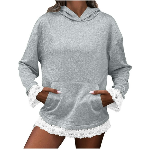 Shirts for Women Casual Lace Stitching Hooded Long-Sleeved Pullover Sweatshirt Top