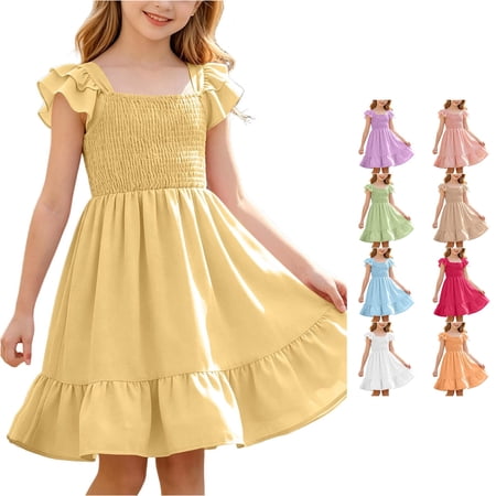 WDDDD Girls Sleeveless Pleated Backless Short Party Dress Yellow 13-14 Years