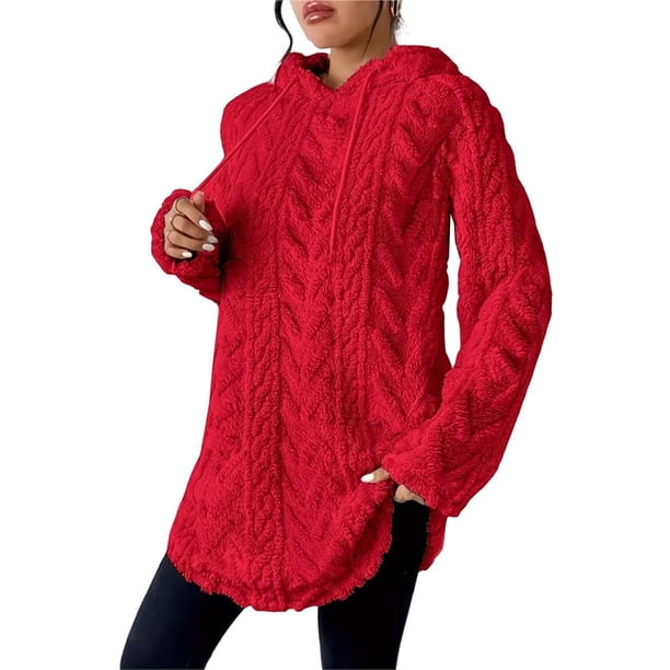 Sudadera con Capucha de Jacquard de Larga en Color Liso para Mujer, Chaqueta Ajustada con Cordón de Felpa. Rojo S
