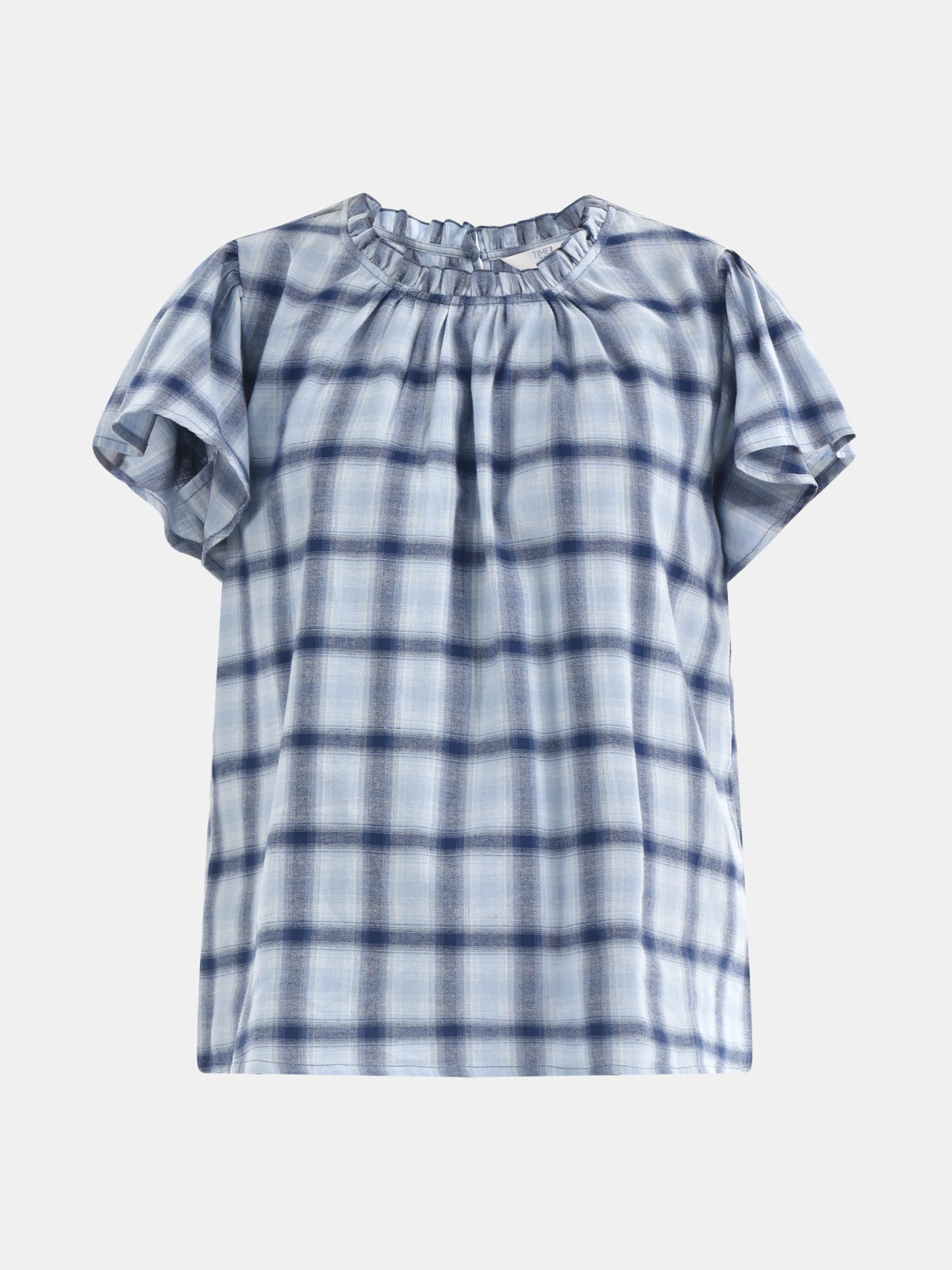 Time and Tru Women's Cotton Ruffle Neck Blouse with Flutter Sleeves, Sizes XS-XXXL