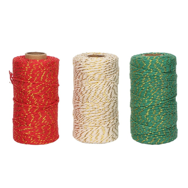Cordel de Navidad de 3 rollos, 2 mm de diámetro, 328 pies de longitud, cuerda de algodón ligero y cortable para embalaje de bricolaje