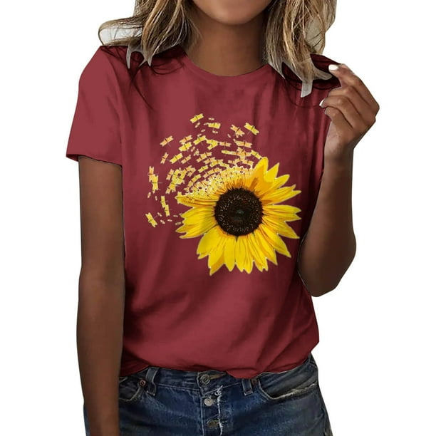 Gibobby Blusa Casual de Mujer Camiseta holgada con estampado cuello redondo y manga corta algodón versión clásica para mujer(Vino,G)