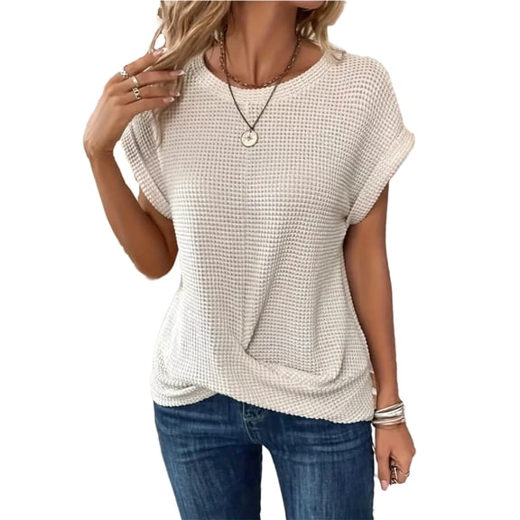 Tsesme Crew Neck Twist Front T-Shirts for Women Summer Cap Sleeve Waffle Knit Casual Tee Tops