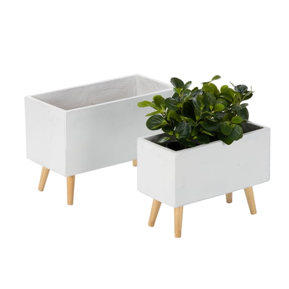 DecMode 21", 17"W Rectangular White Fiberclay Ceramic Planter with Brown Wooden Legs (2 Count)