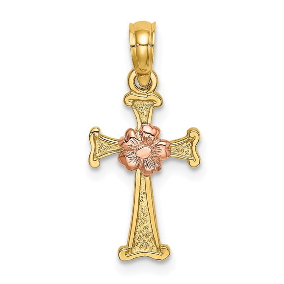 FB Jewels 14K Yellow and Rose Two Tone Gold Cross with Pink Flower Pendant