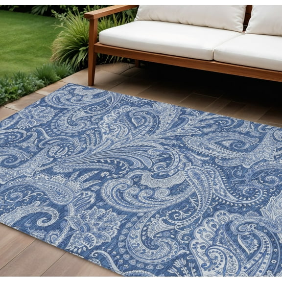 HomeRoots 580188 9 x 12 ft. Paisley Washable Indoor & Outdoor Rectangle Area Rug, Navy Blue & Denim Blue