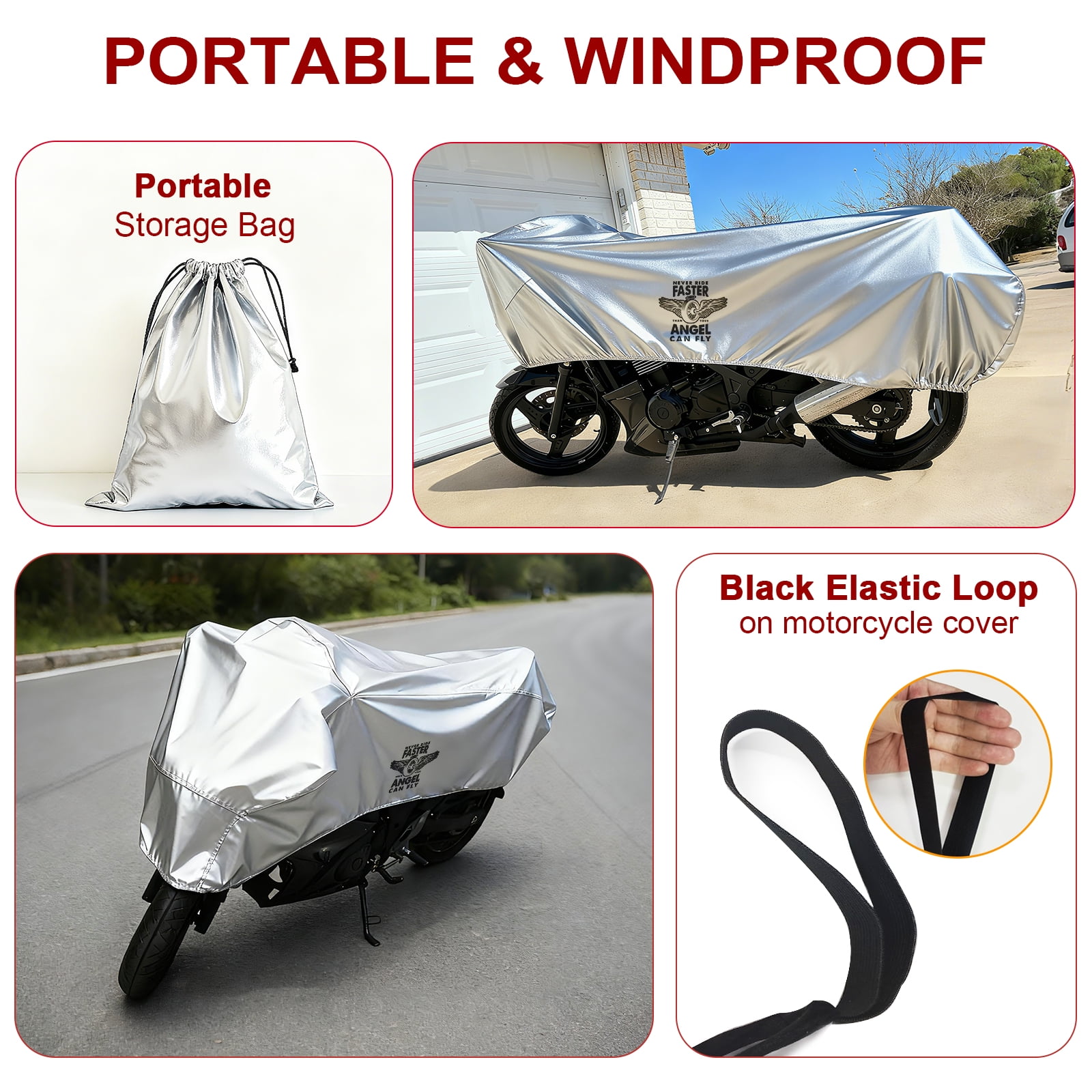Dream Apparel Motorcycle Half Cover, Waterproof Motorcycle Cover for Outdoor, Rain Snow Dust Protection Universal Fit Heavy Duty Motorbike Vehicle Cover with Storage Bag, Silver with Wing Wheel XL