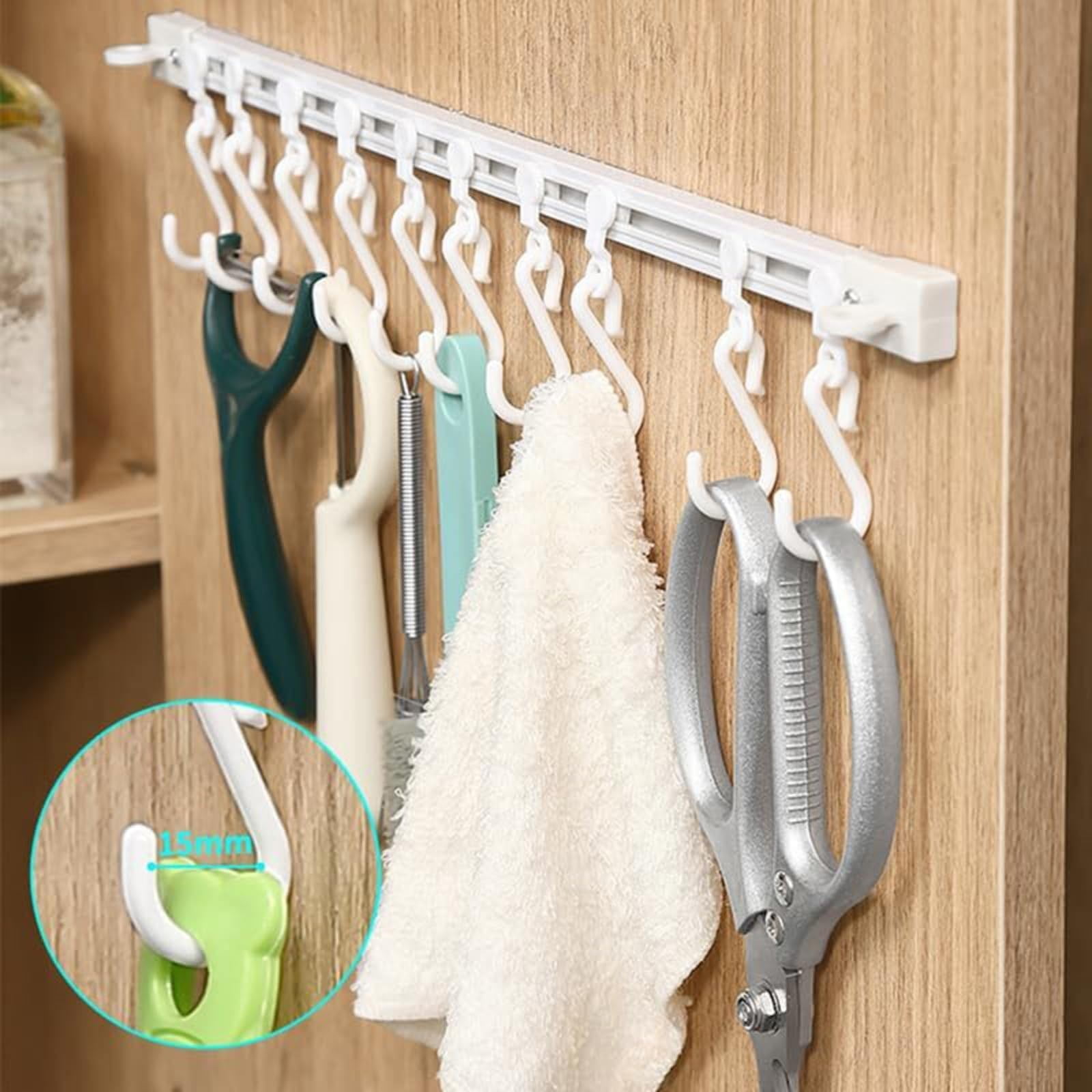 WOCACHI Multifunctional Slide Rail Hook Key Hook Track Wall Mounted Kitchen Utensil Rack with 10 Hooks Hanging Pot Rack Hanger Adhesive Coat Hook Rail Multi Purpose Rail Hook for Kitc