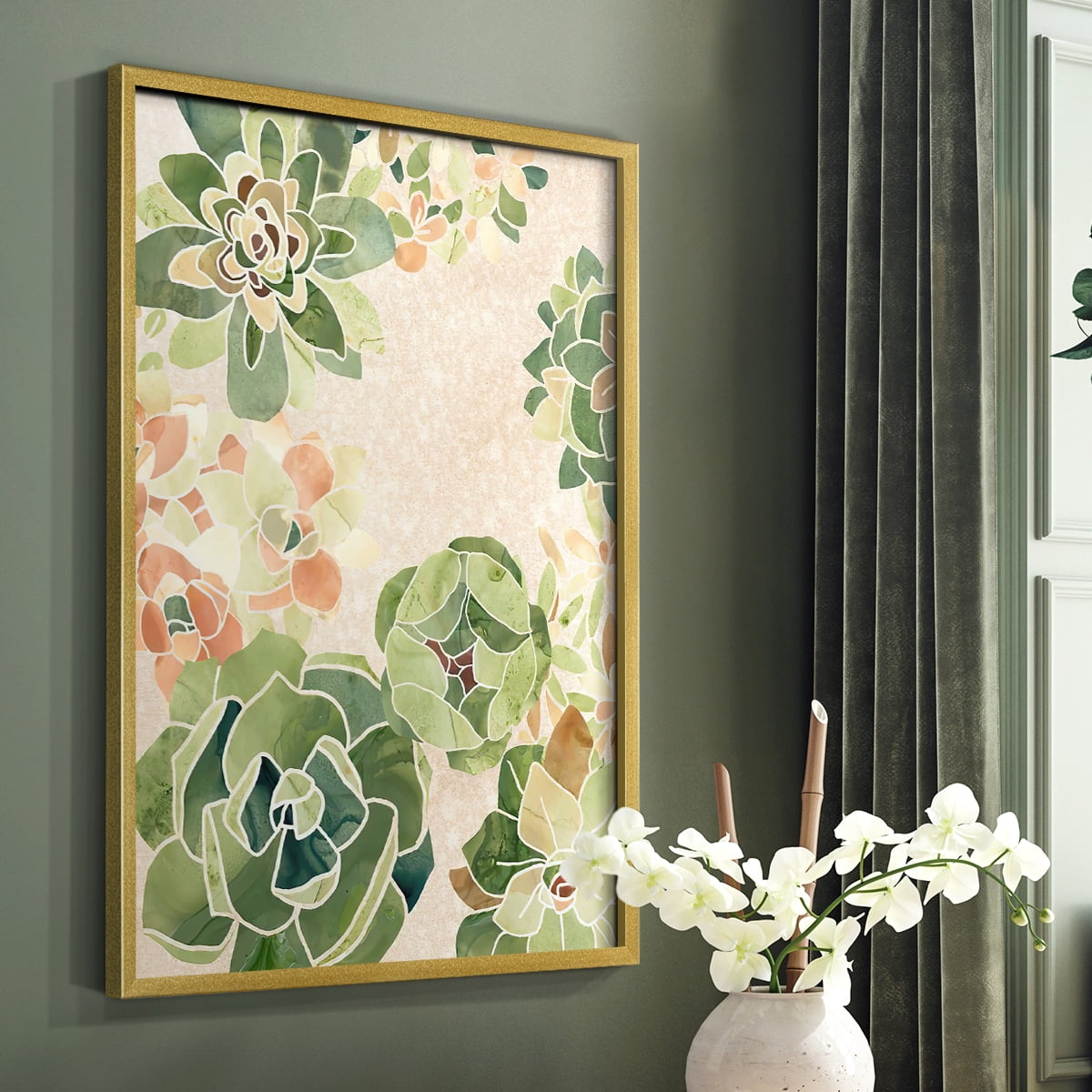 Stained Glass Succulents I Framed Print in Gold Solid Wood Framed Print No Nail Hanging