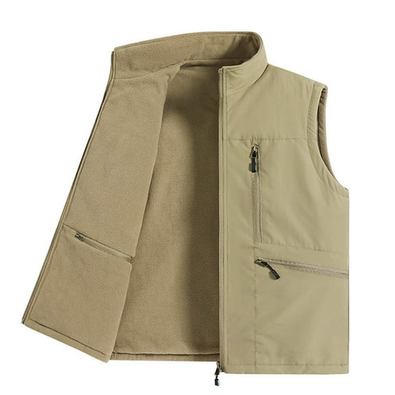 TEAJOPSUU Men's Plus Size Travel Vest Multiple Pockets Cargo Utility Vest Outdoor Sleeveless Stand Collar Sports Gilet C-Khaki