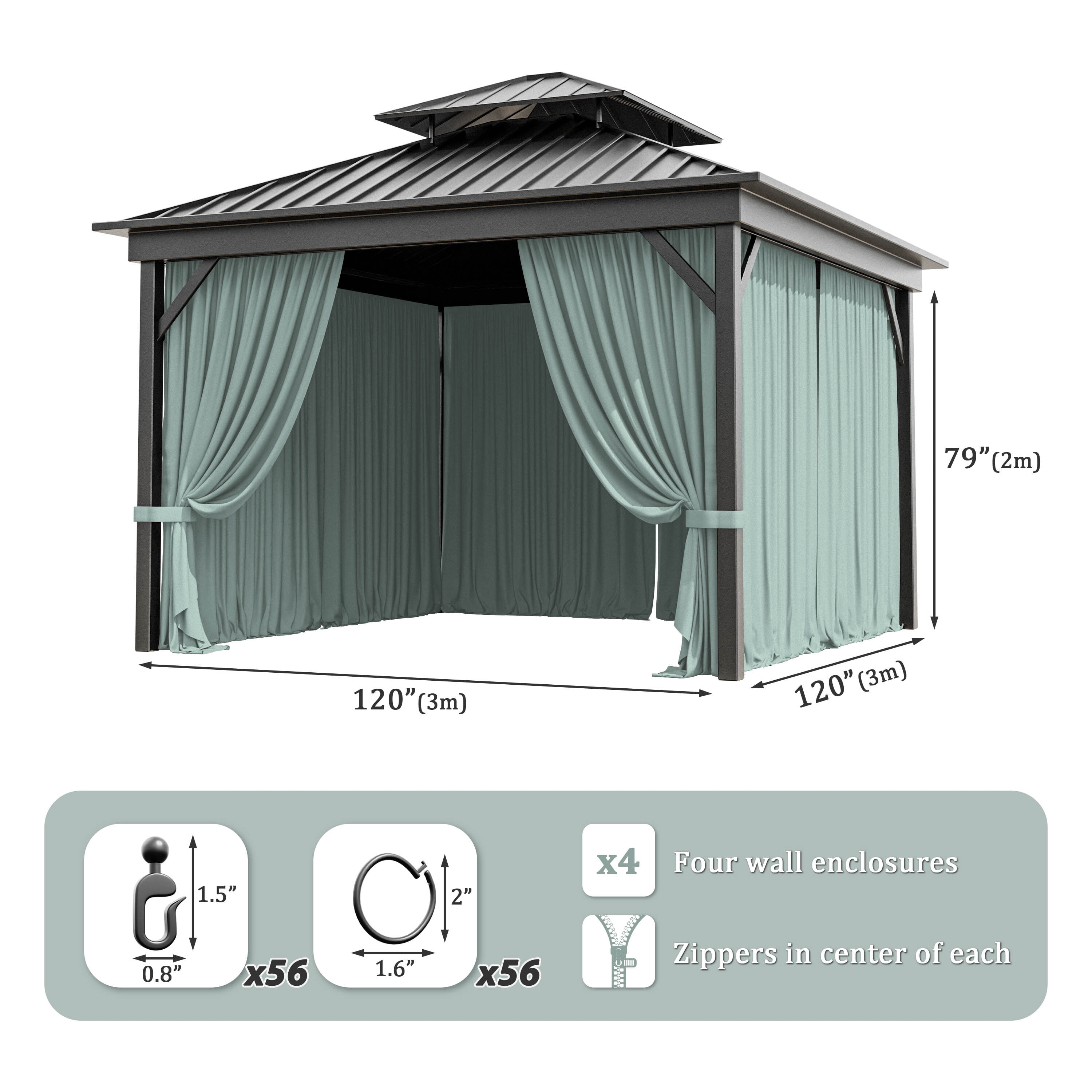 Kimunuk Outdoor Replacement Curtains for 10' X 10' Gazebo, Waterproof 4-Panels Calcite Blue Gazebo Universal Privacy Sidewall Curtains with Zipper for Patio Garden Backyard, Curtain Only