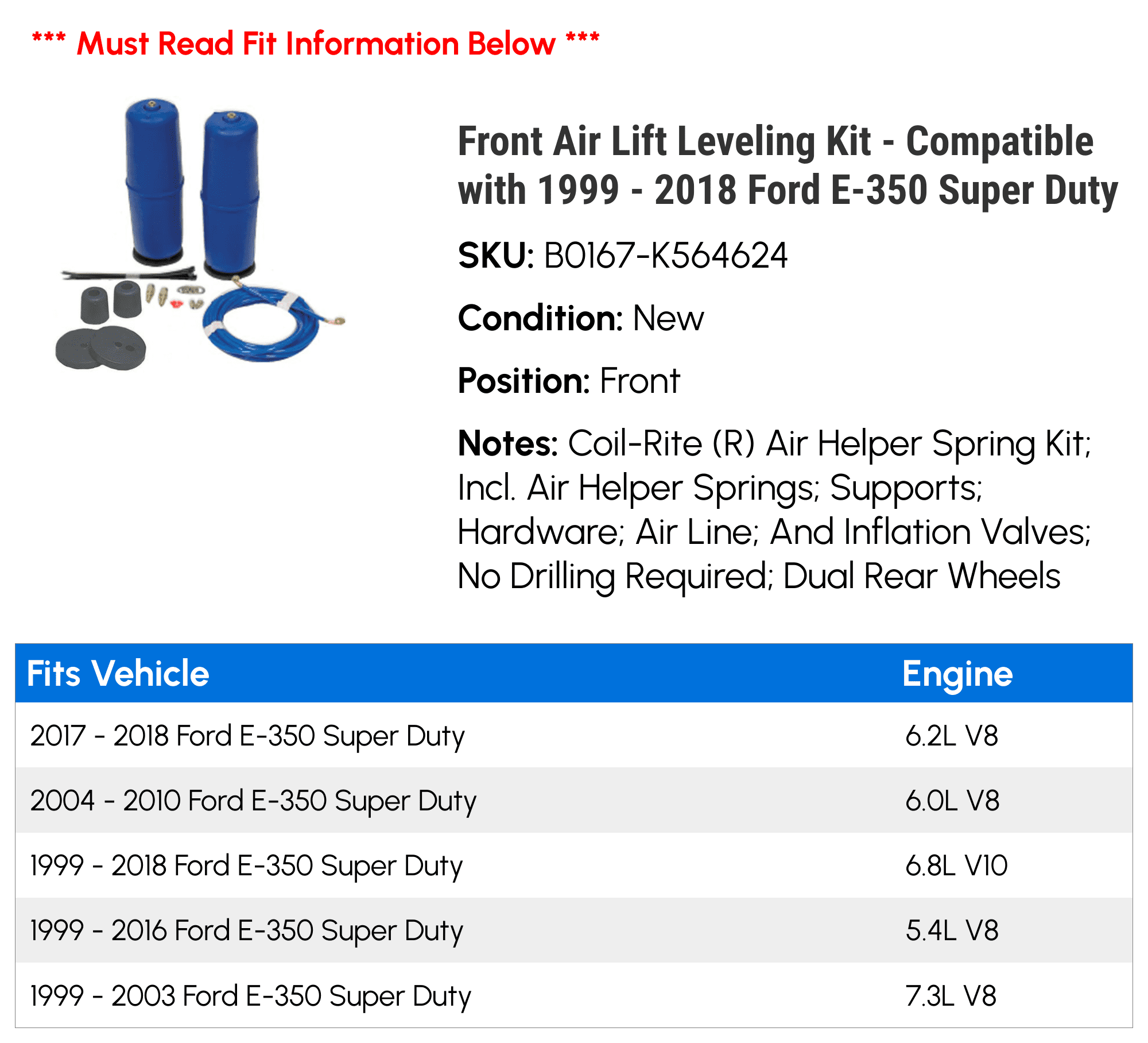 Front Air Lift Leveling Kit - Compatible with 1999 - 2018 Ford E-350 Super Duty 2000 2001 2002 2003 2004 2005 2006 2007 2008 2009 2010 2011 2012 2013 2014 2015 2016 2017