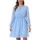 thumbnail image 1 of Vestido de fiesta de mujer Inspire Chic con escote en V, mangas largas, falda acampanada y estrellas doradas en color azul cielo, 1 of 5