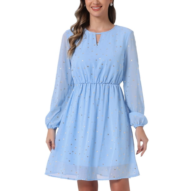 Vestido de fiesta de mujer Inspire Chic con escote en V, mangas largas, falda acampanada y diseño de estrellas doradas, color azul cielo