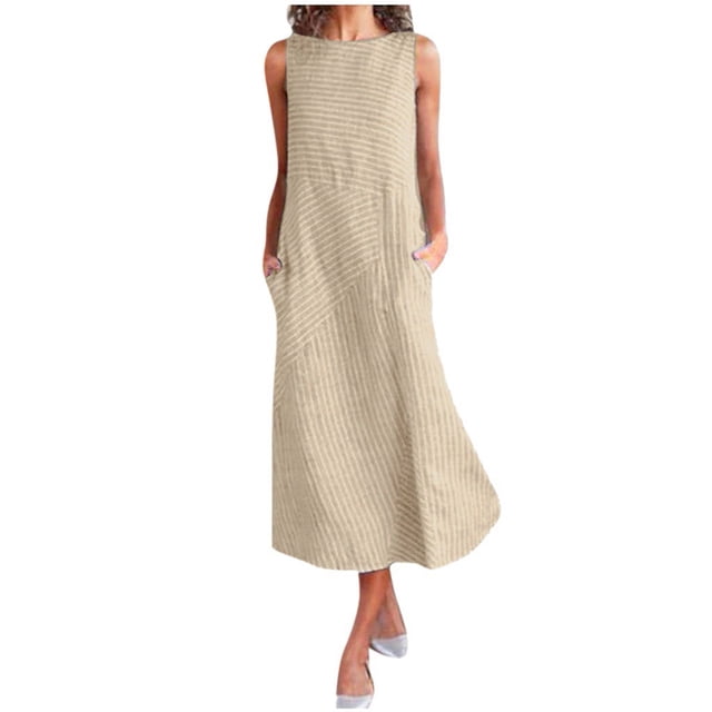 RKSTN Robes pour Femmes 2023 Décontracté à Rayures Imprimé Robe Sans Manches Col Rond Coton et Lin Poche Robe Maxi
