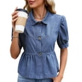 thumbnail image 6 of Karymi Womens Workout Tops Denim Peplum Blouse, Collar Short Sleeve Button-Down Shirt, Puff Sleeve Ruffled Hem Babydoll Top Short Sleeve Shirts for Women, 6 of 8