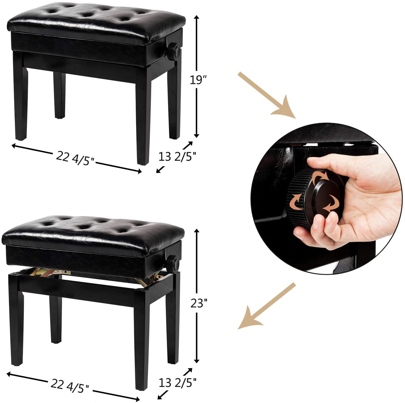 Bonnlo Adjustable Wooden Piano  Stool PU Leather Padded Seat with Music Storage Compartment, Black