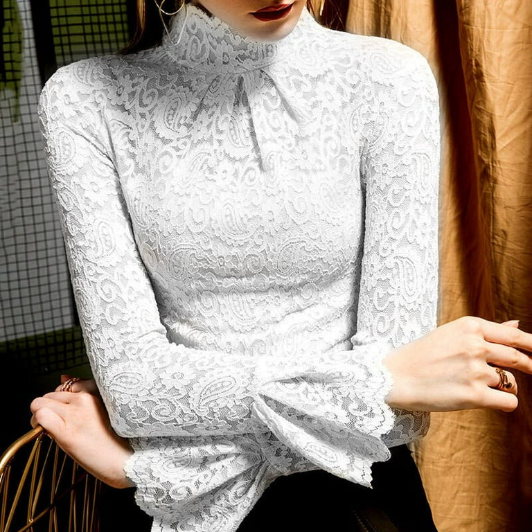 White lace top turtleneck blouse