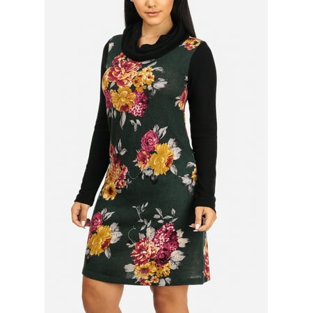 Womens Juniors Gilli Brand Long Sleeve Cowl Neckline Black Floral Print Stretchy Midi Sweater Dress 30879Q