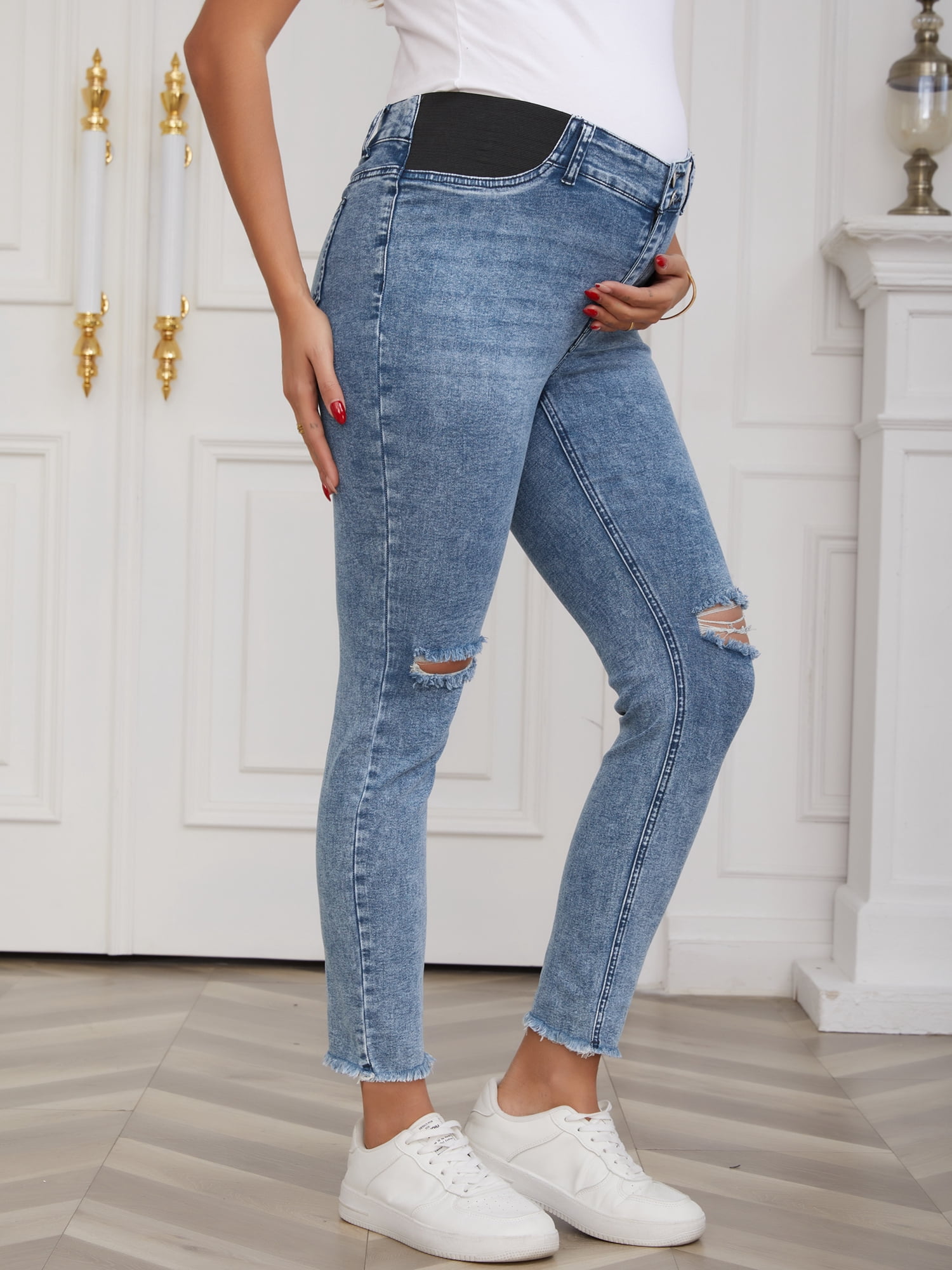 DARING DIVA Women's Maternity Stretchy Ripped Pregnancy Work Denim Pants XL Light Blue