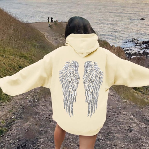 YMNXA Women'S Hoodies With Pockets Long Sleeved Drawstring Angel Print Loose Fit Comfortable Sweatshirt For Daily Wear Beige L