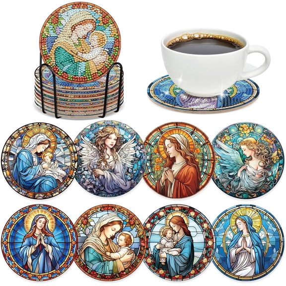 Christian Diamond Art Coasters - 8 Pcs DIY Non Slip Religions Diamond Painting Coasters Kits Our Lady Colorful Glass Art Craft Table Decor Birthday Inspirational Easter Gift for Beginners Adults