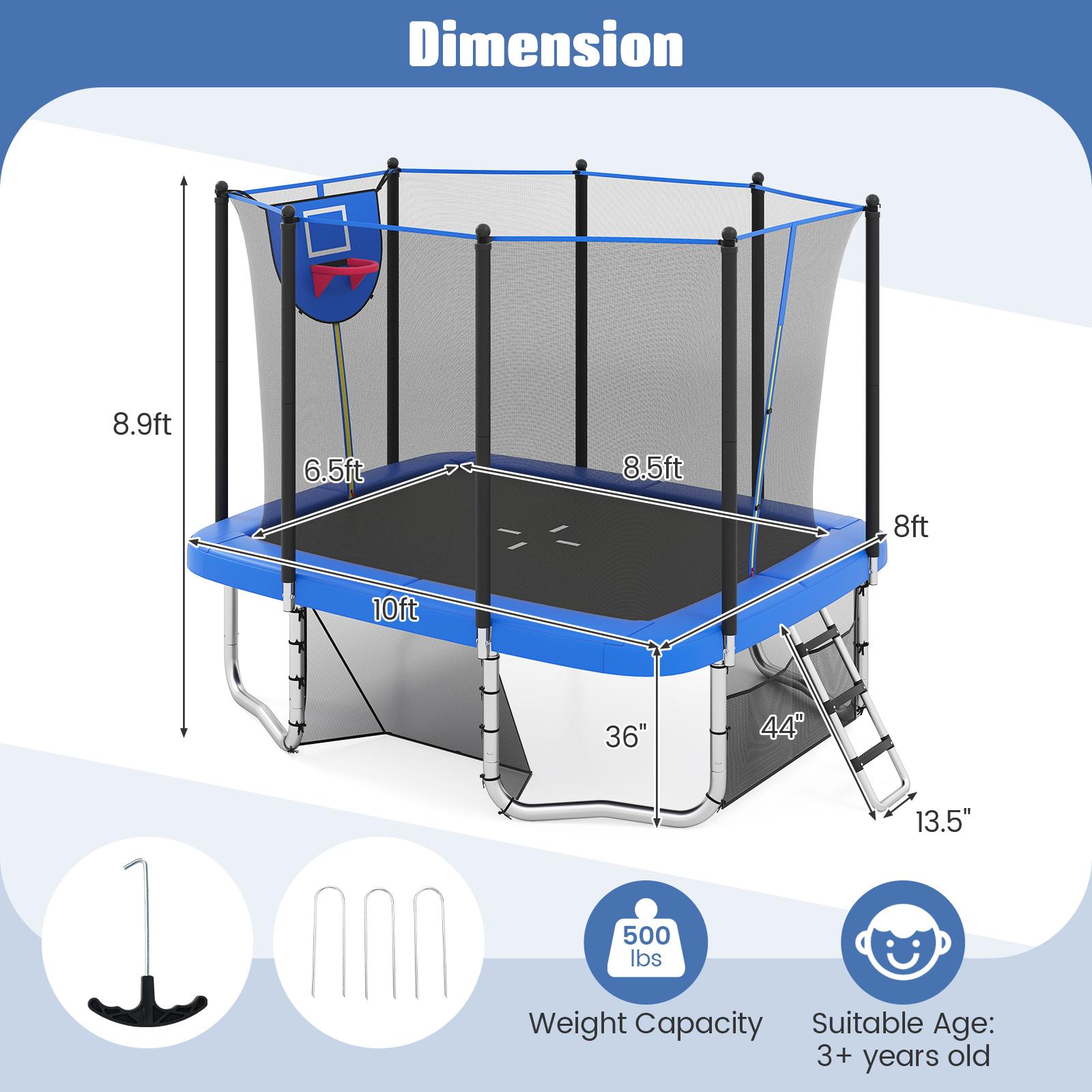 Gymax 10 x 8 FT Heavy-Duty Trampoline w/Basketball Hoop Soccer Goal Non-Slip Ladder Blue