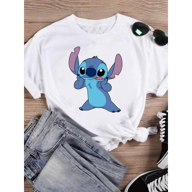 Disney Watercolor Lovely Style Short Sleeve Women Print Clothing Stitch Casual Tee Shirt Fashion Cartoon Graphic T-shirtsXXXL Gao Jinjia LED