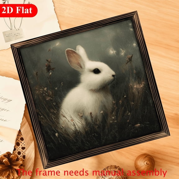 2D Flat, 1Pc Wood Frame Sign White Bunny Woods Farmhouse Wall Art Paintings Ideal Gift For Living Room Bedroom Farmhouse Corridor Wall Decor Room Decoration Ready to Hang 12x12inch