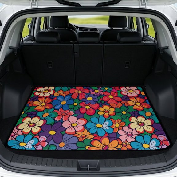 XYZCANDO Hippie Floral Car Trunk Mat 29" x 39", All-Weather Waterproof Cargo Liner with Non-Slip Backing, Easy-Clean Stitched Edge Protector for SUVs, Sedans and Trucks