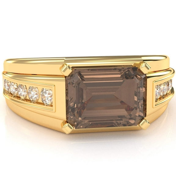Men's Smoky Quartz Diamond Channel Ring In Solid 14k Yellow Gold