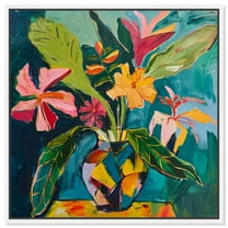 Vase Of Bright Tropical Flowers II Flowers In Vase Paintings Canvas Wall Art by Art Remedy, White Floater Frame, 17" x 17"