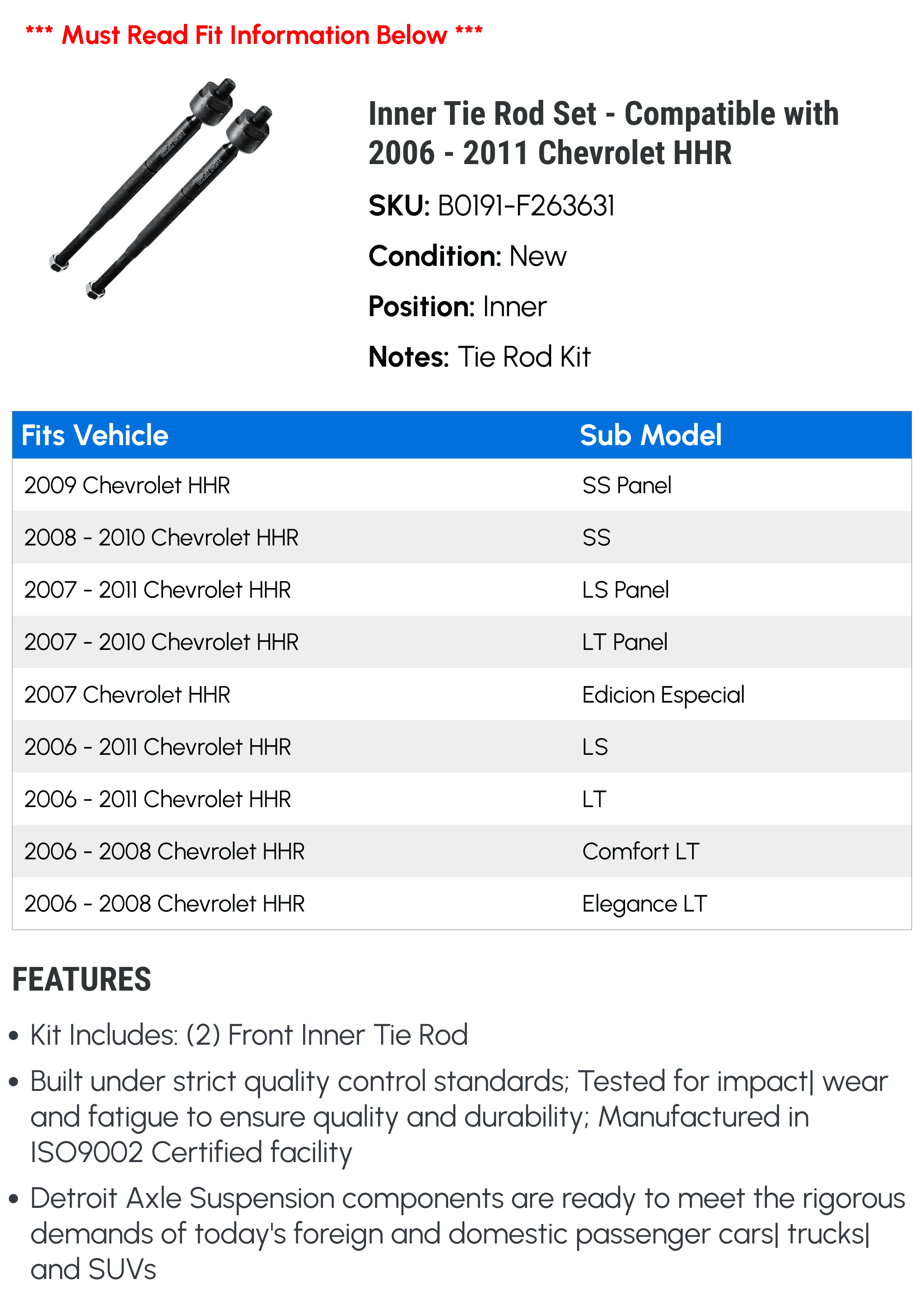 Inner Tie Rod Set - Compatible with 2006 - 2011 Chevy HHR 2007 2008 2009 2010
