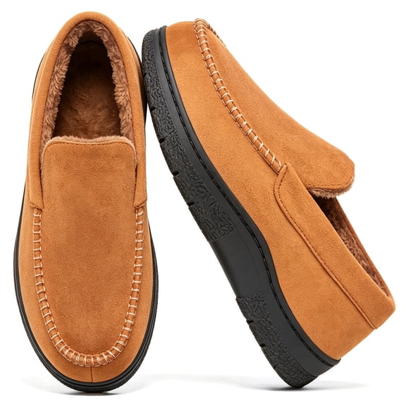 CHICVOMEY Men's Suede Moccasin Slippers with Faux Fur Lining Indoor&Outdoor Winter House Slippers for Men