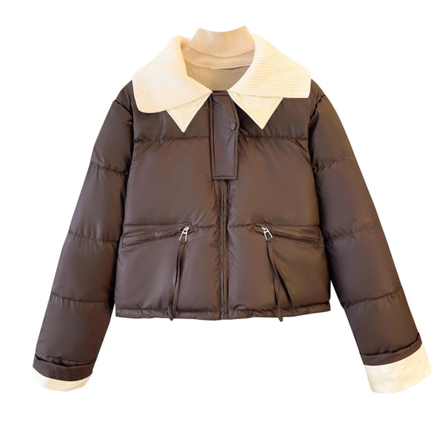 Parkas de manga larga con cuello para mujer, chaqueta de plumón corta, chaqueta de cuero de invierno para mujer, chaqueta gruesa y cálida, abrigo para mujer